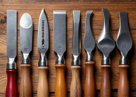 Close-up of traditional woodworking tools neatly arranged
