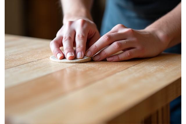 Artisan's hands meticulously sanding a wooden furniture piece in a sunlit workshop