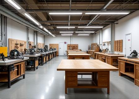 Interior of Foundry Home workshop with various woodworking stations and tools