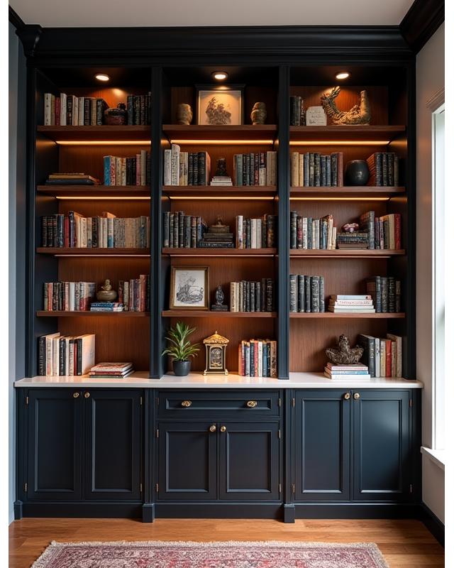 Custom built-in Bookcase with detailed shelving and cabinet doors