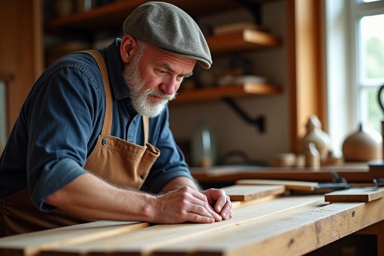 Skilled artisan meticulously working on a wooden furniture piece in a workshop