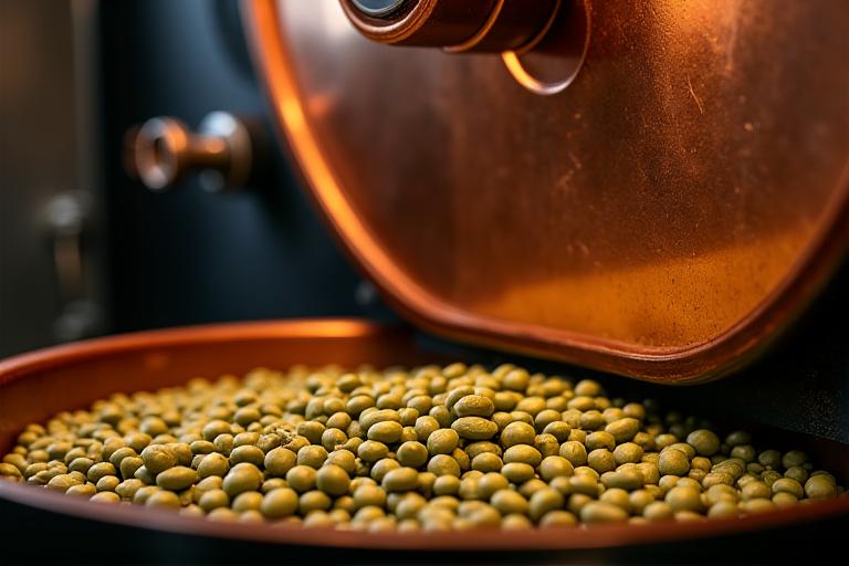 Close-up of green coffee beans being roasted in a large, copper roasting machine.