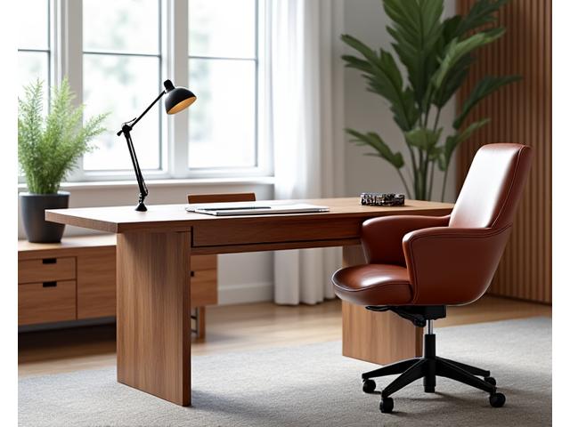 Custom-designed walnut writing desk with leather chair