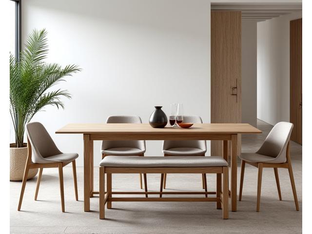 Modern solid oak dining table with matching bench