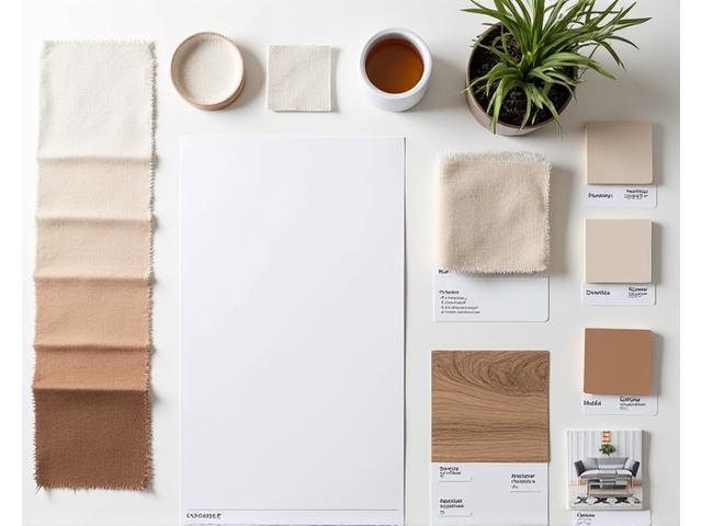 An interior designer's mood board featuring fabric swatches, color chips, and furniture samples