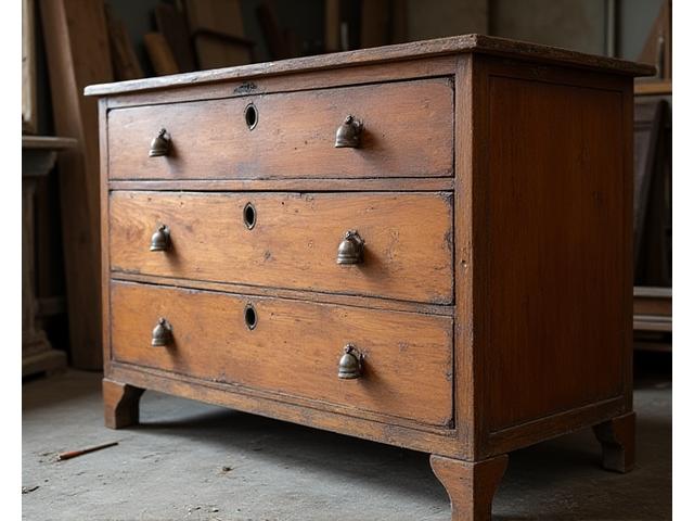 Before restoration: a heavily scratched antique wooden chest