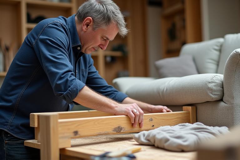 Expert upholsterer meticulously re-framing an antique sofa